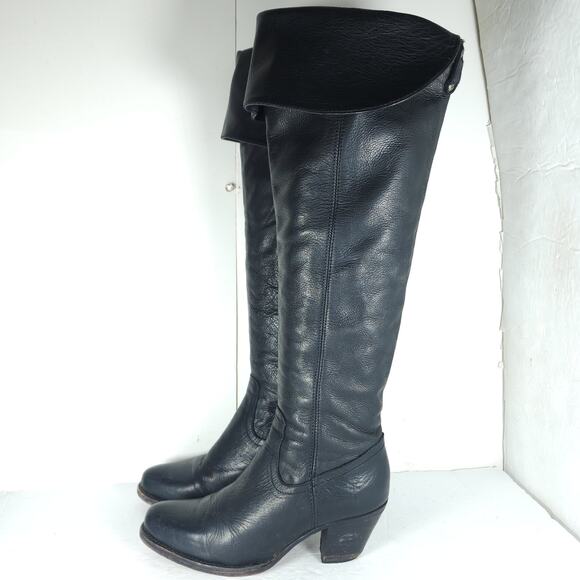 Frye Women's Jane US6,5B Black Leather Fold Over Pull On Knee High Riding Boots - Picture 2 of 16